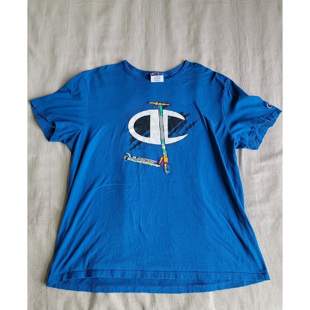 Champion Shirt Mens XL Blue Scooter Graphic Embroidered Logo Casual Cotton